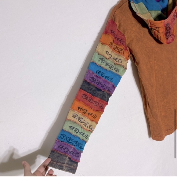 Rising International Orange Sun Rainbow Patchwork Stone Wash Full Zip Hoodie M - Picture 10 of 14